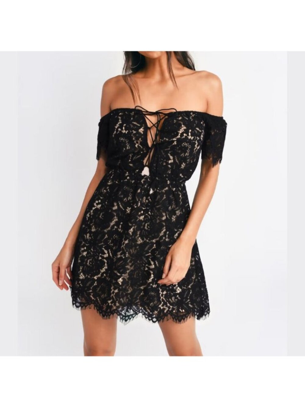 NWT Tobi Womens Eden Black Lace Eyelash Off The Shoulder Mini Dress S SMALL